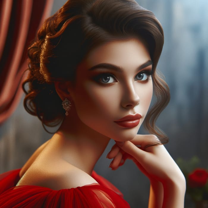 Elegant Brunette in Red Gown, Movie Star Look