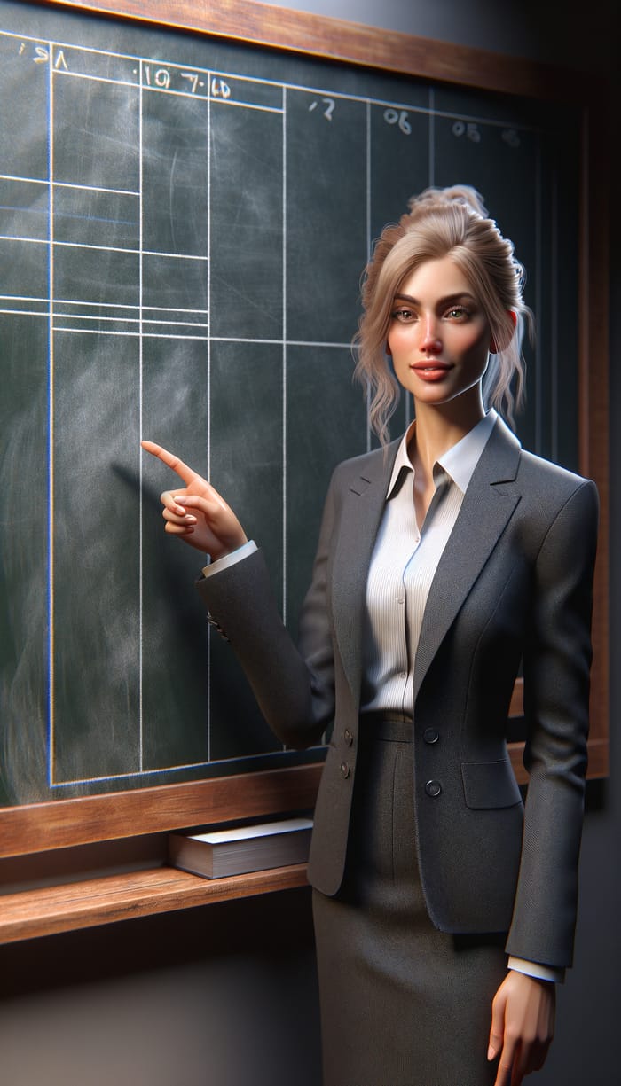 Realistic Blonde Businesswoman Pointing at Chalkboard
