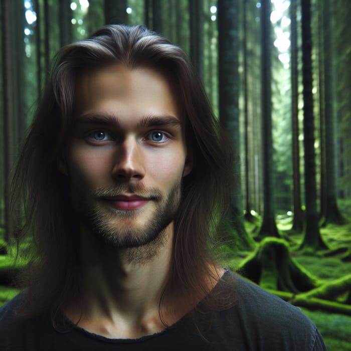 Serene Finnish Man in Enchanting Dark Forest