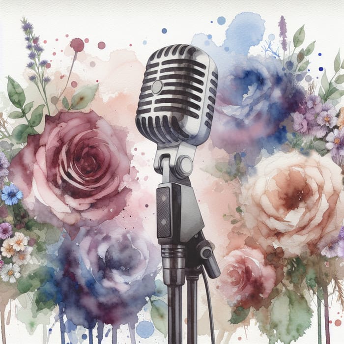 Vocalist Microphone and Watercolor Flowers