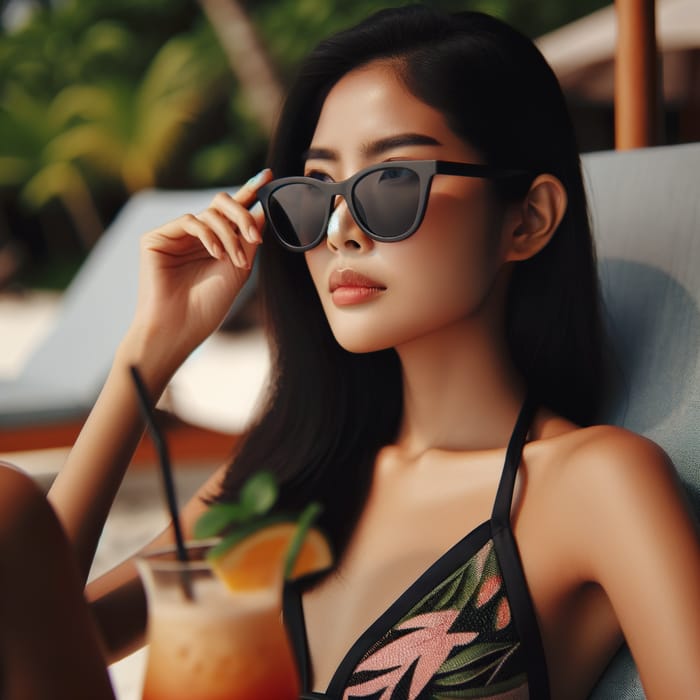 Beautiful Chinese Woman in Bikini with Cocktail | Sun Lounger Scene