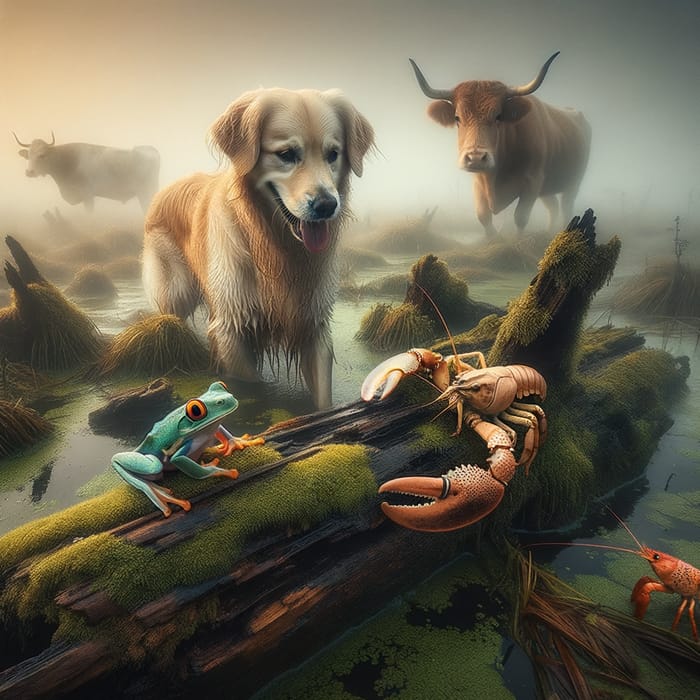 Enchanting Marsh Scene with Playful Dog, Sly Fox, and Curious Ox