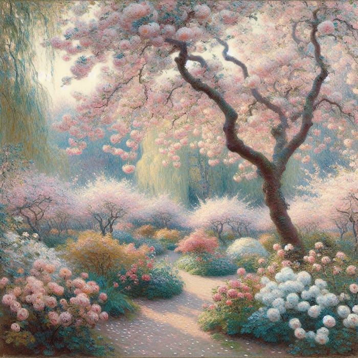 Tranquil Cherry Blossom Garden | Monet's Impressionist Beauty