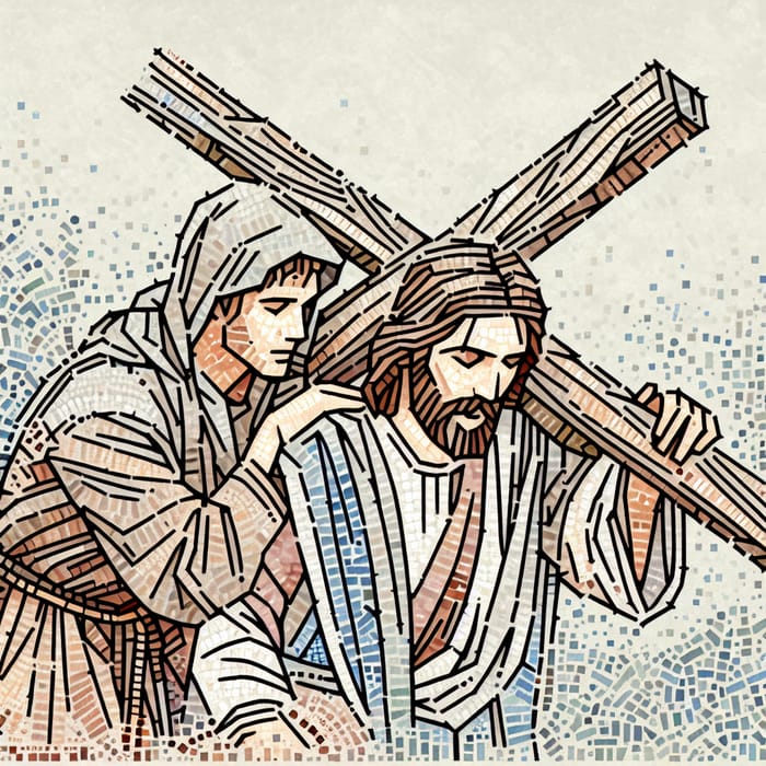 Compassionate Cartoon of Jesus Carrying Cross with Helper