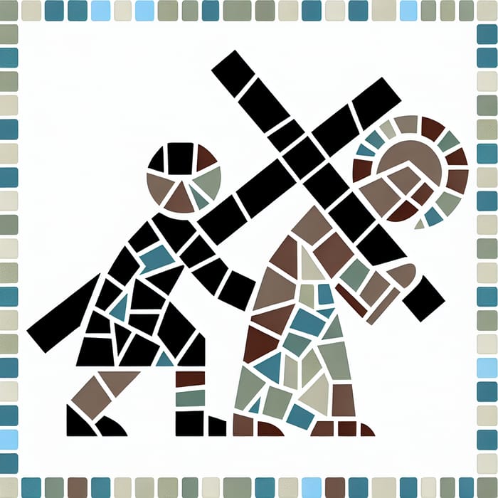 Cartoon Mosaic Art: Person Aiding Jesus with Cross | Geometric Shapes