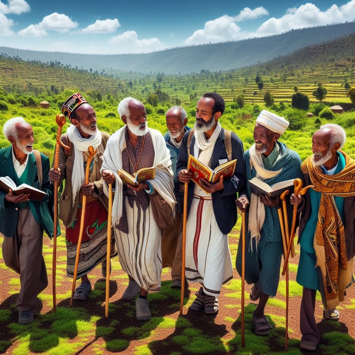 Ethiopian Pop Group Walking with Books and Church Sticks in Beautiful Scenery