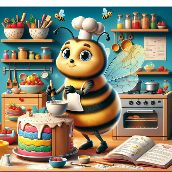 Whimsical Cartoon Honeybee Chef Baking Cake in Colorful Mini Kitchen