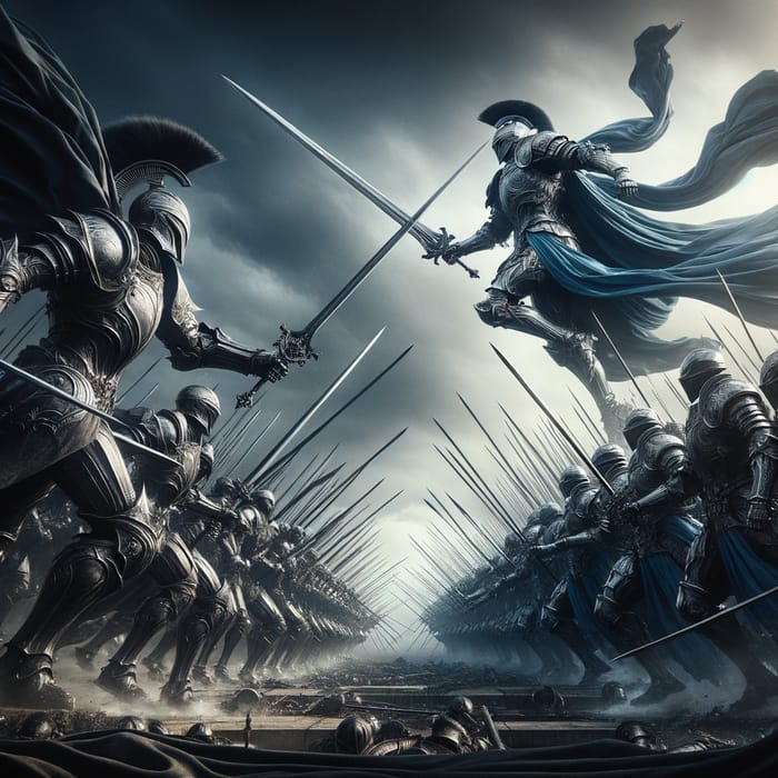 Epic Battle: Black vs. Silver Armored Warriors Clash