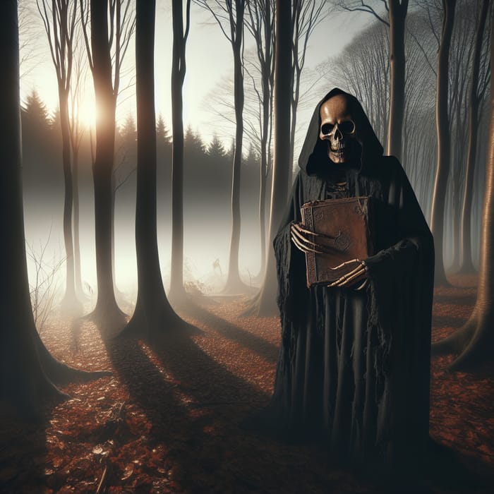 Kostucha: Mystical Cloaked Figure in Foggy Forest