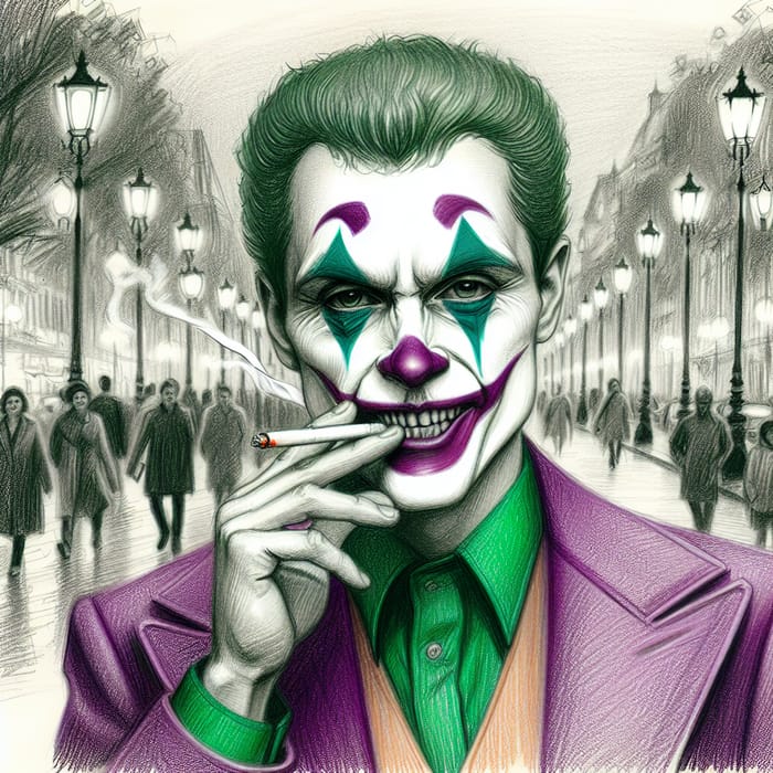 Pencil Sketch of Joker with Green Hair Smoking on Busy City Boulevard