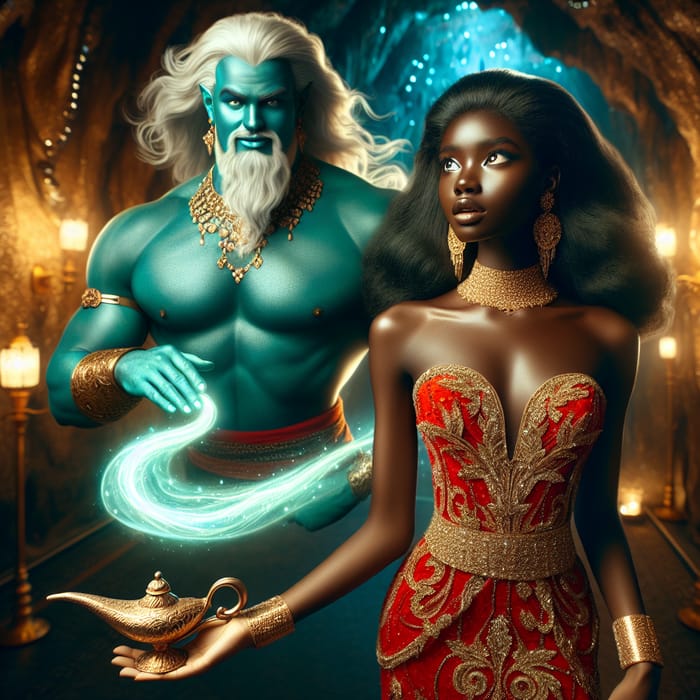 Captivating Encounter: Black Woman with Magical Genie in Lavish Cavern