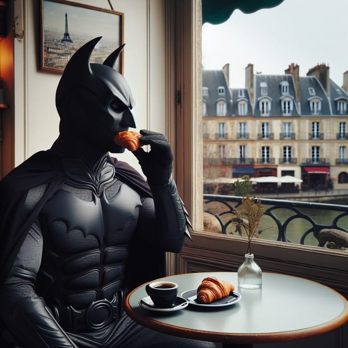 Batman Enjoying Croissant in French Cafe