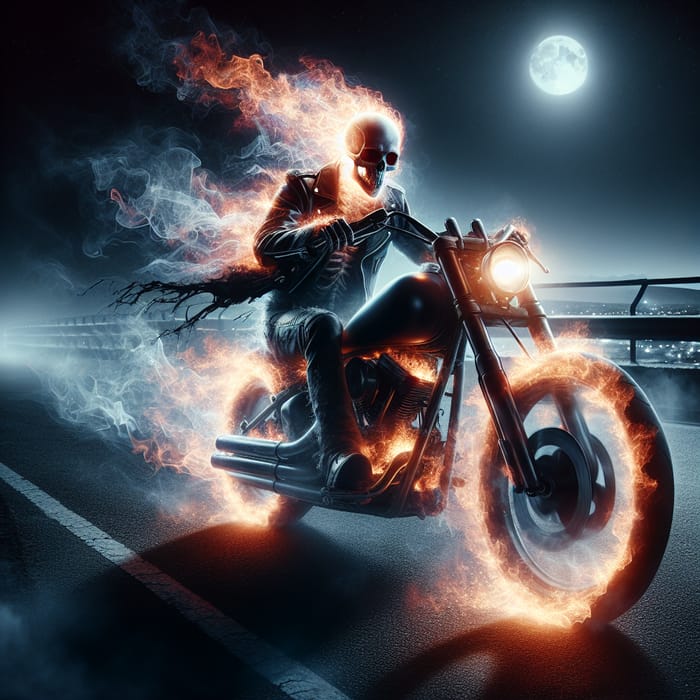 Spectral Ghost Rider Motorcycle on Moonlit Highway | Eerie Rider