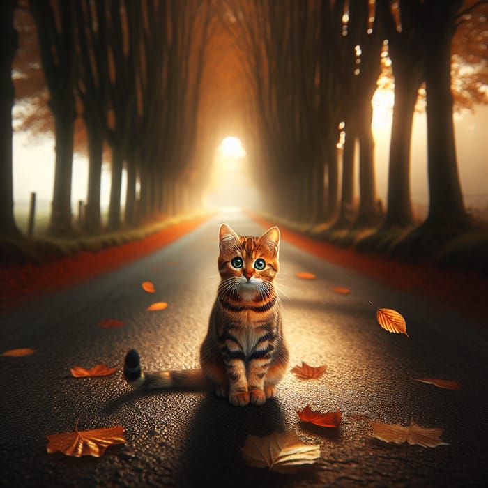 Cat in Tranquil Setting on Countryside Road