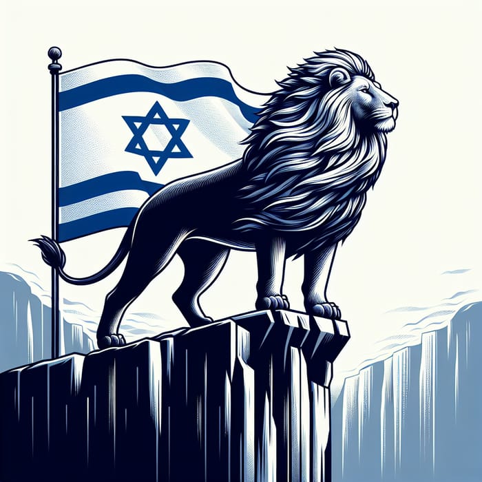 Majestic Lion on Cliff with Israel Flag