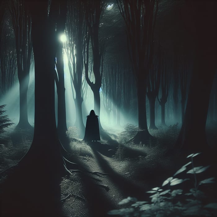 Mysterious Figure in Dark Forest with Vintage Nostalgia