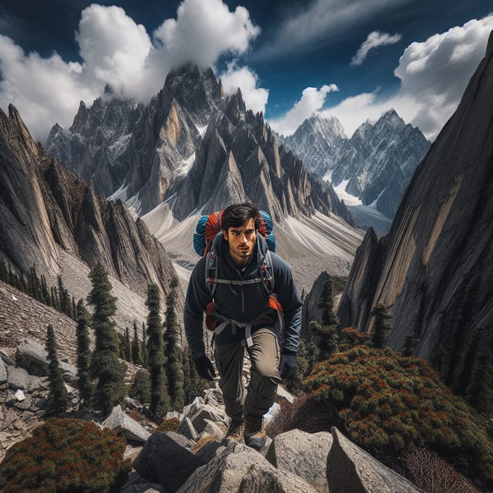 Man Hiking through Mountain Landscape