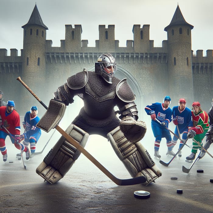 Medieval Hockey Knight Defends Castle Gate