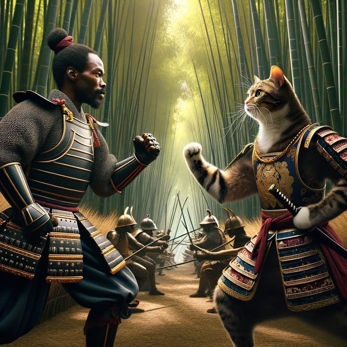 Epic Samurai Cat Battle with Human in Bamboo Forest