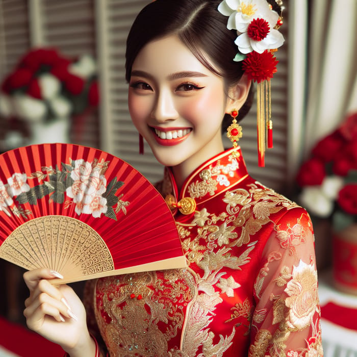 Stunning Chinese Bride in Elegant Red Qipao Outfit