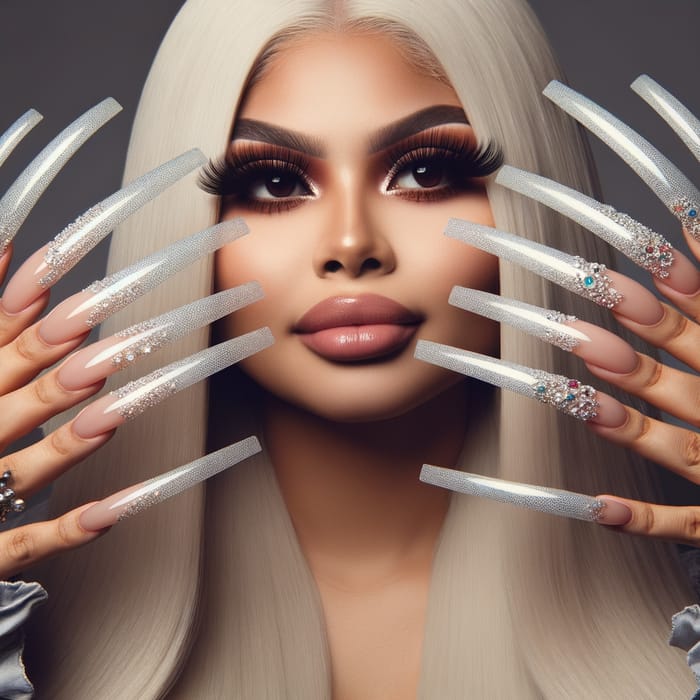 Platinum Blonde Woman with Gigantic Nails and Heavy Makeup