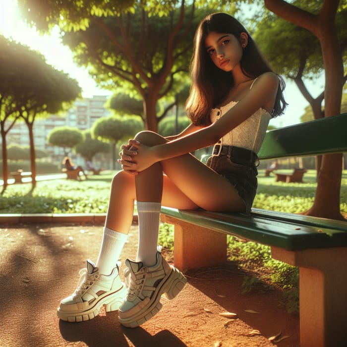 Stylish Girl Sitting on Park Bench in Fashionable Shoes