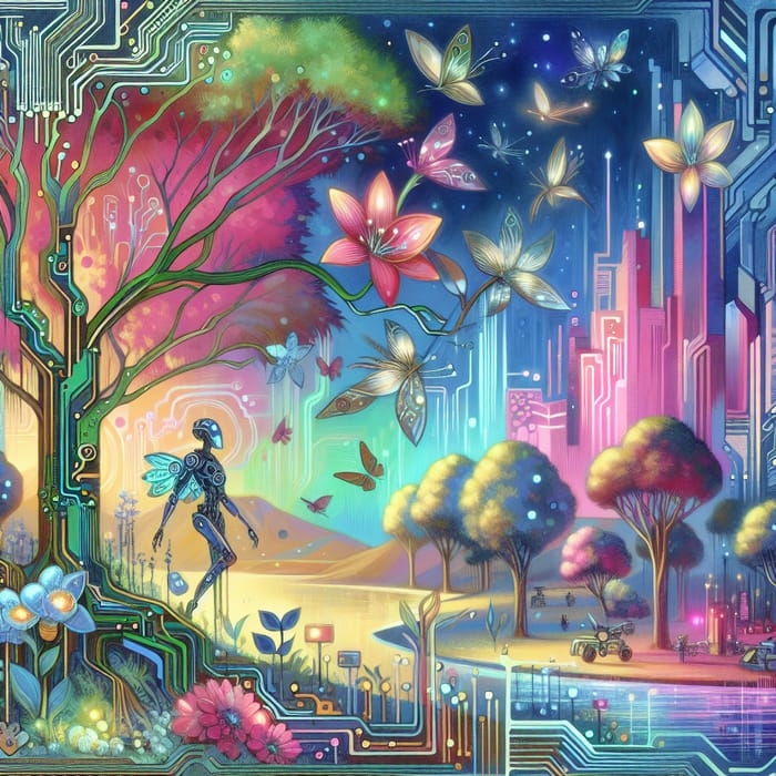 Whimsical Cyberpunk Nature Illustration in Grimes Style | Neo-Gothic Aesthetic