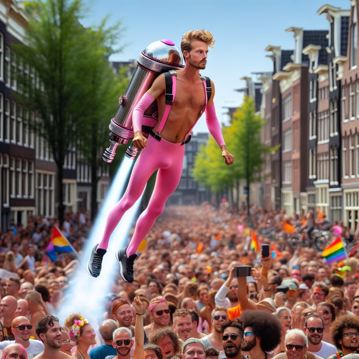 Joyful Canal Pride Scene: Pink Sinterklaas with Jet-Pack