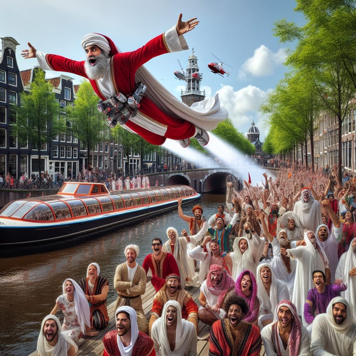 Sinterklaas Soaring with Jet-Pack at Canal Pride in Amsterdam