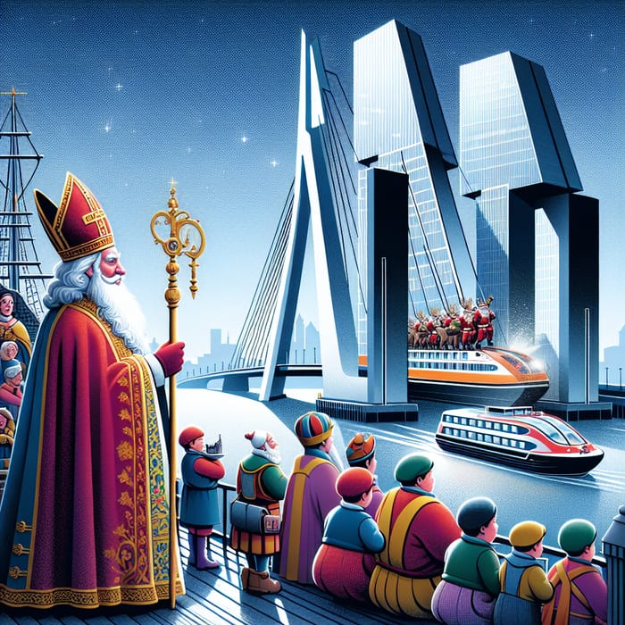 Sinterklaas and Helpers on Ship, Erasmus Bridge in Rotterdam