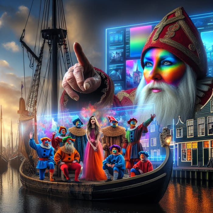 Sinterklaas on Ship with Rainbow Face Painted Petes in Digital Era