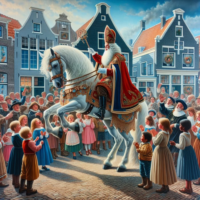 Sinterklaas Riding White Horse at Dutch Intocht in Volendam, Netherlands