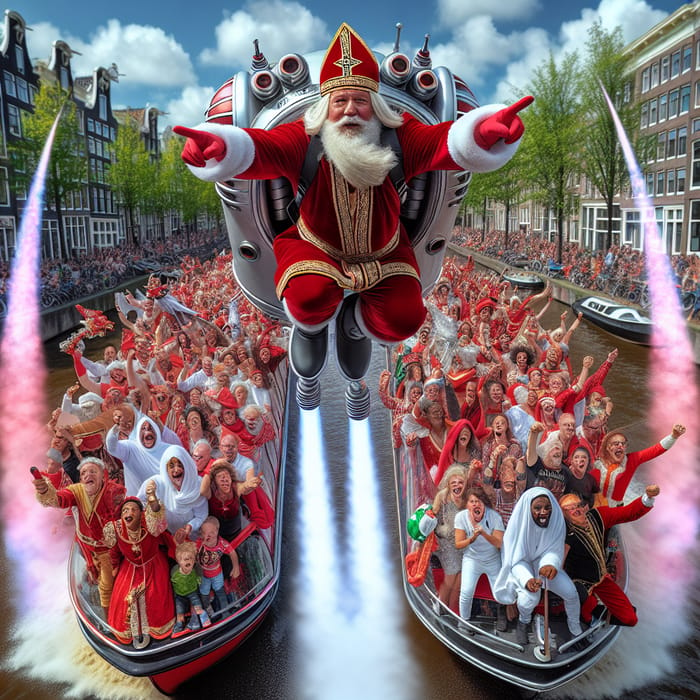 Sinterklaas Soaring with Jet-pack at Amsterdam Canal Pride