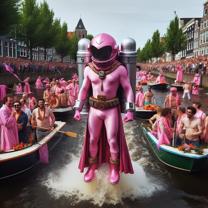 Colorful Sinterklaas with Jet-Pack at Amsterdam Canal Pride