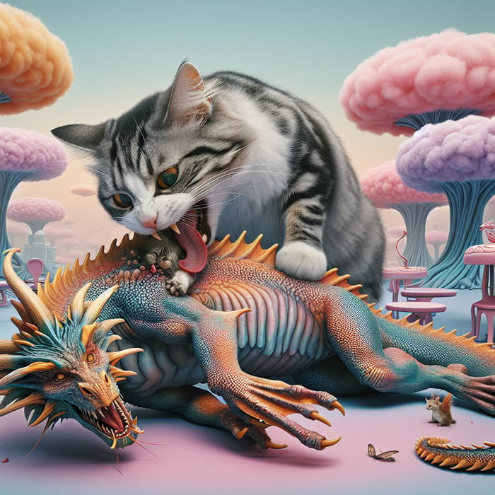 Epic Cat Conquering Dragon in Magical World