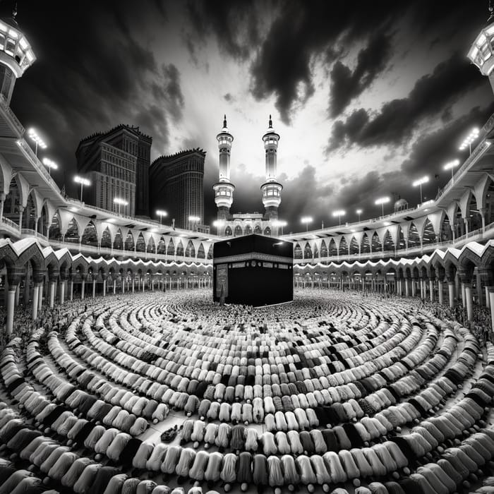 Devout Muslims Praying at Holy Mosque in Mecca - Grandeur in Black and White