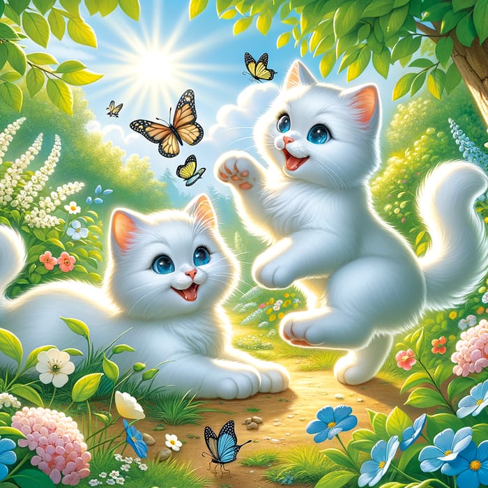Happy White Cats with Blue Eyes Frolicking in Garden