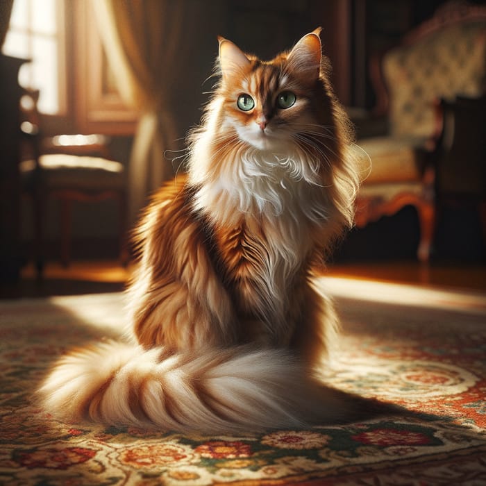 Beautiful Cat on Victorian-era Rug: Elegant Russet & White Beauty