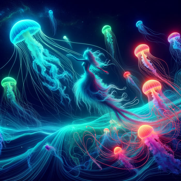 Vibrant Underwater Scene with Floating Jellyfish and Mermaid