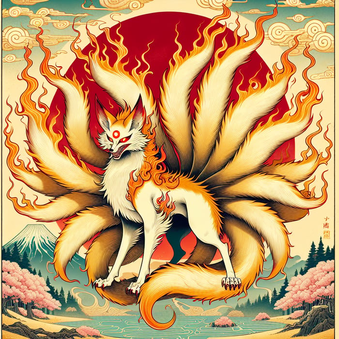 Majestic Nine-Tailed Fox Ukiyo-e Art