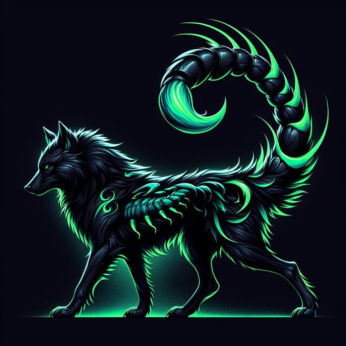 Majestic Black & Neon Green Wolf with Scorpion Tail - Dark and Mysterious