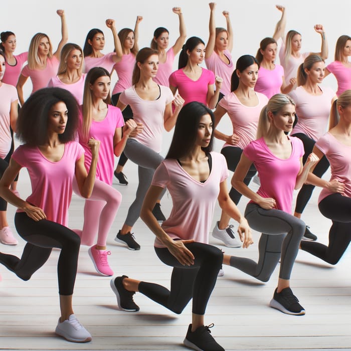 Women in Pink T-Shirts: Fitness Class on White Background