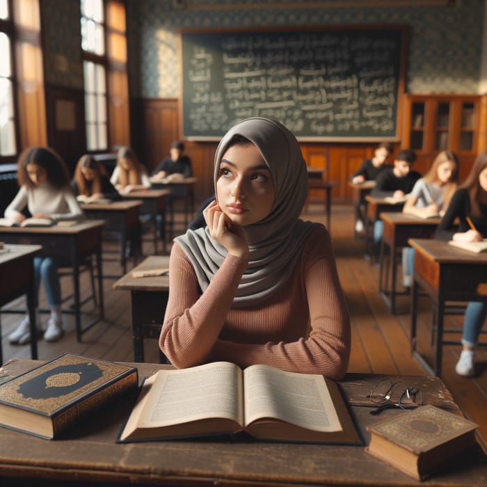 Hesitant Middle-Eastern Female Student in Traditional Classroom Setting