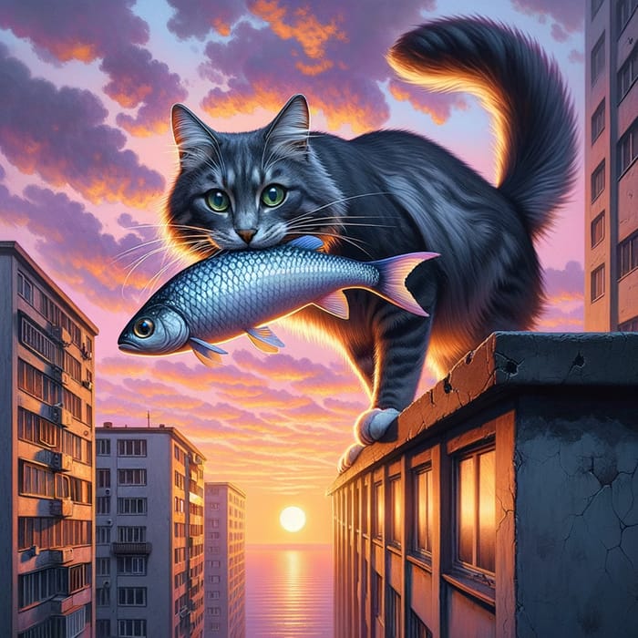 Cat on Building Enjoying Sunset with Fish