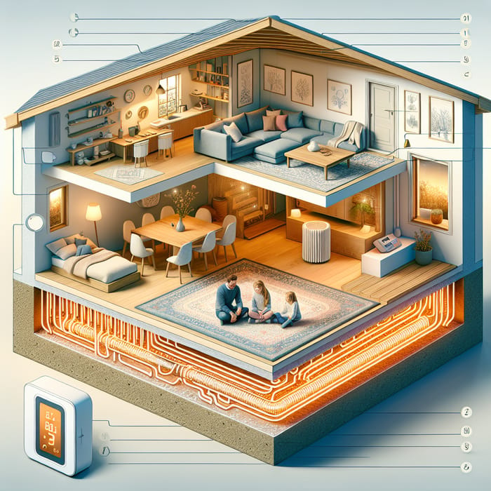 Detailed Cross-Section View of House with Underfloor Heating, Cozy Living Space