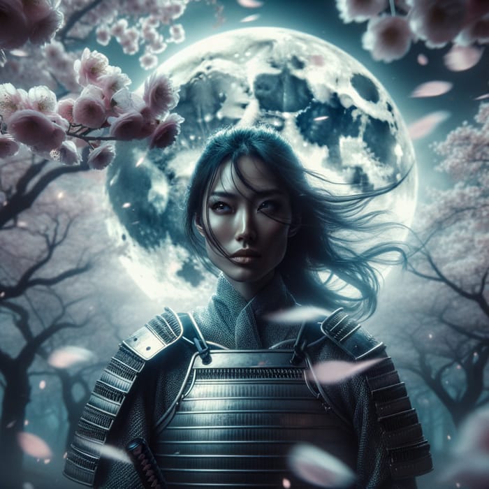 Asian Female Samurai in Enchanted Moonlit Forest