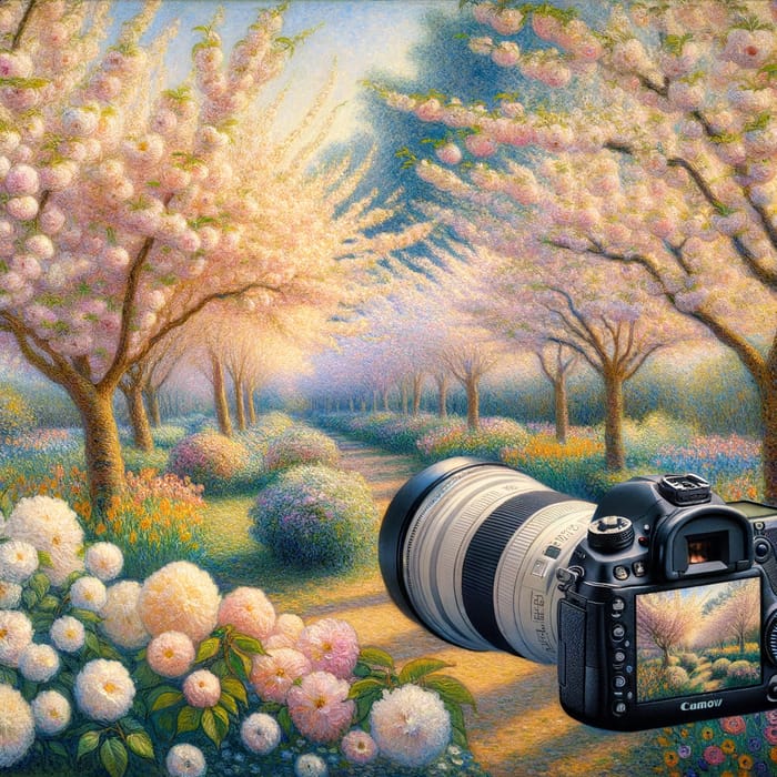 Serene Garden with Cherry Blossoms - Impressionist Art in Monet Style