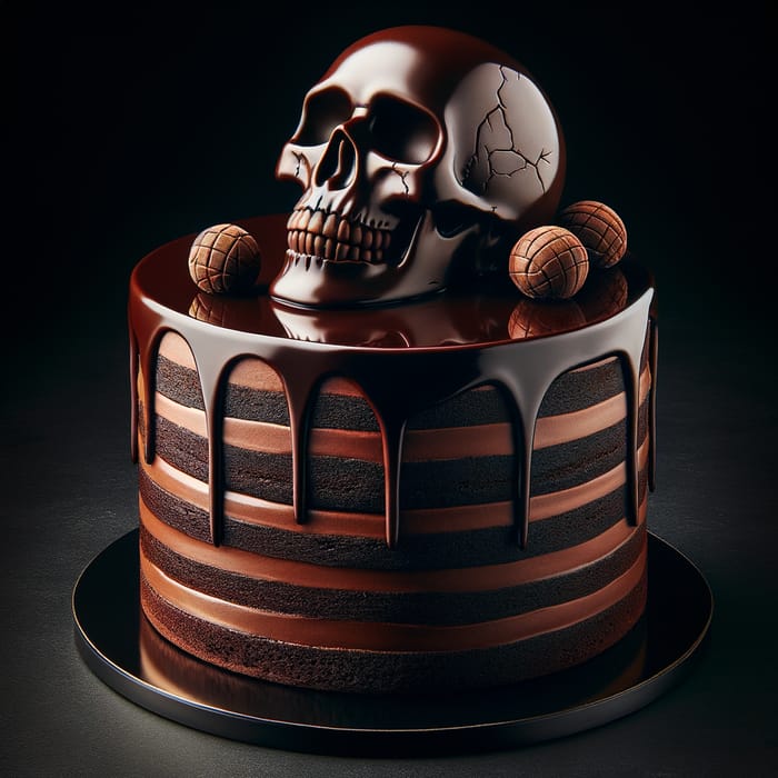 Decadent Chocolate Cake with Multilayered Ganache and Truffle Skull Decoration