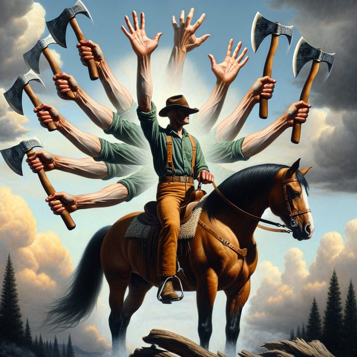 Surreal Man on Horseback with Ax Hands