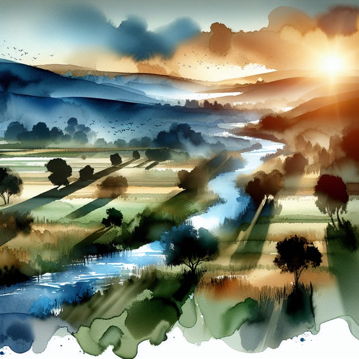 Watercolor Abstract Landscape: Rolling Hills & River Painting